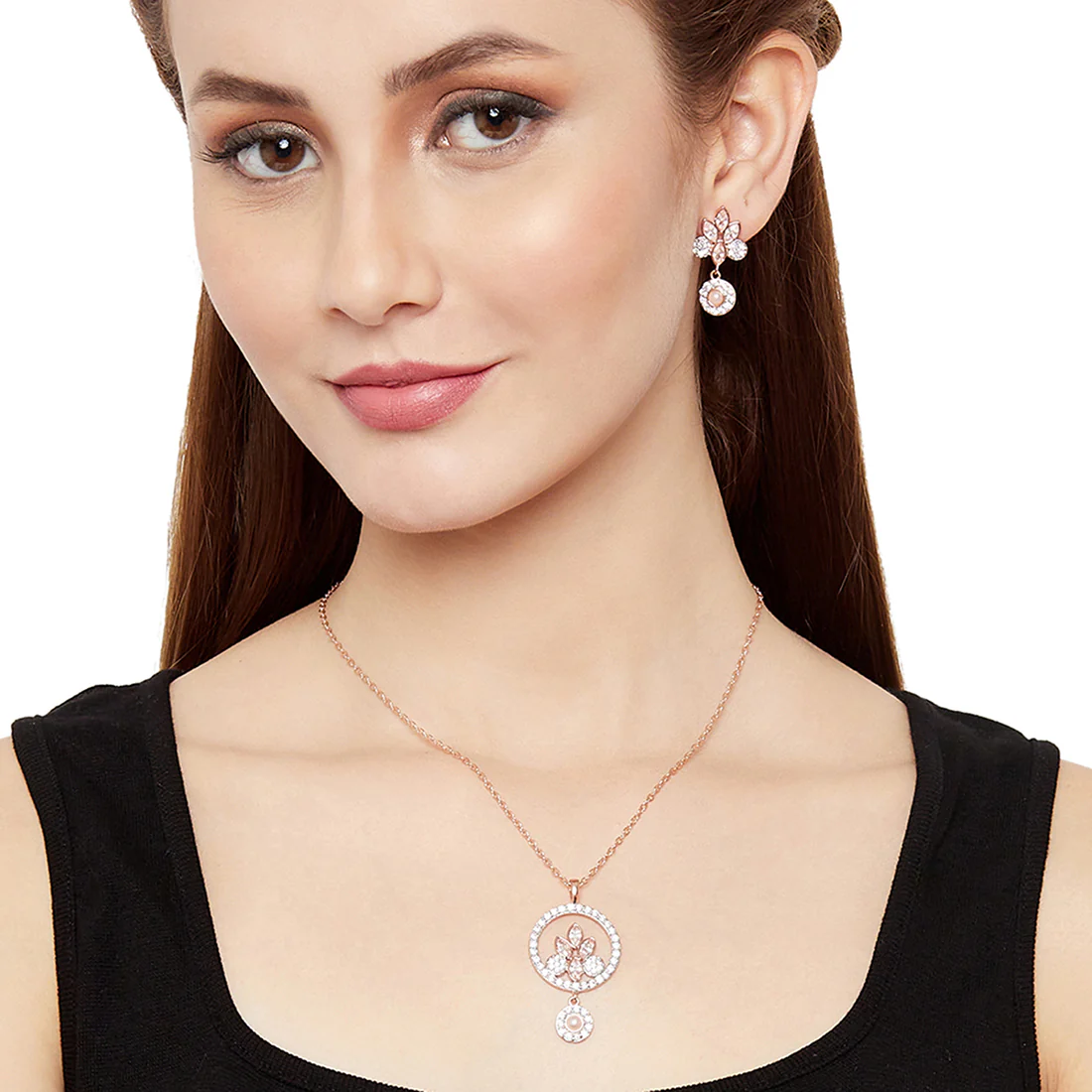 Designer Rose Gold Toned Pearly White Pendant Set - Image 2