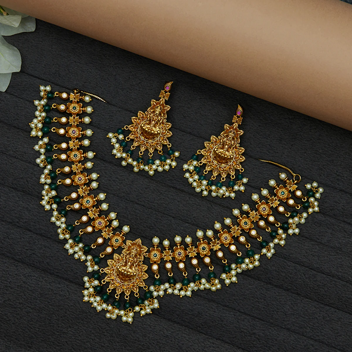 Divine Goddess Lakshmi Motifs Temple Inspired Faux Pearls and CZ Brass Gold Plated Jewellery Set