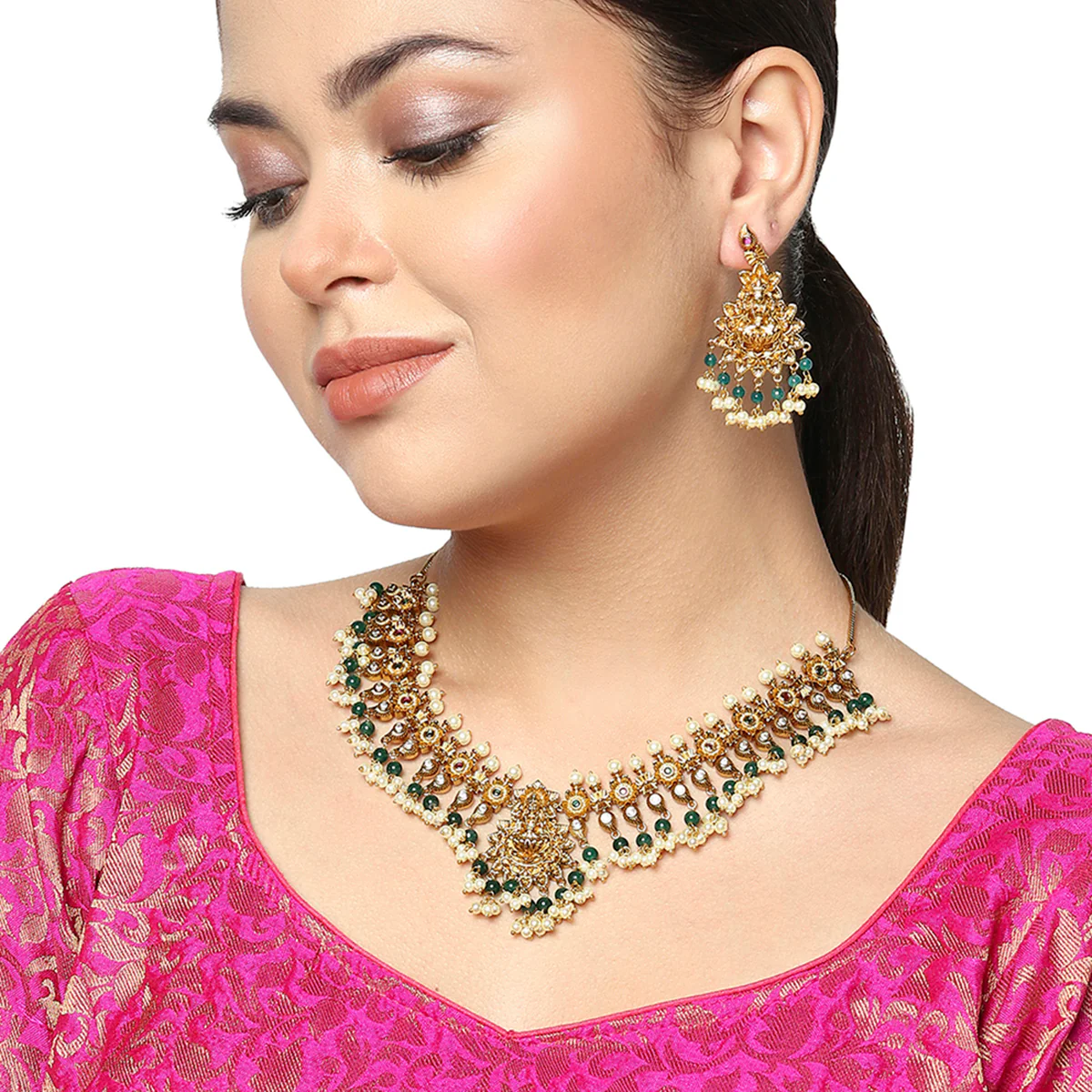 Divine Goddess Lakshmi Motifs Temple Inspired Faux Pearls and CZ Brass Gold Plated Jewellery Set - Image 2