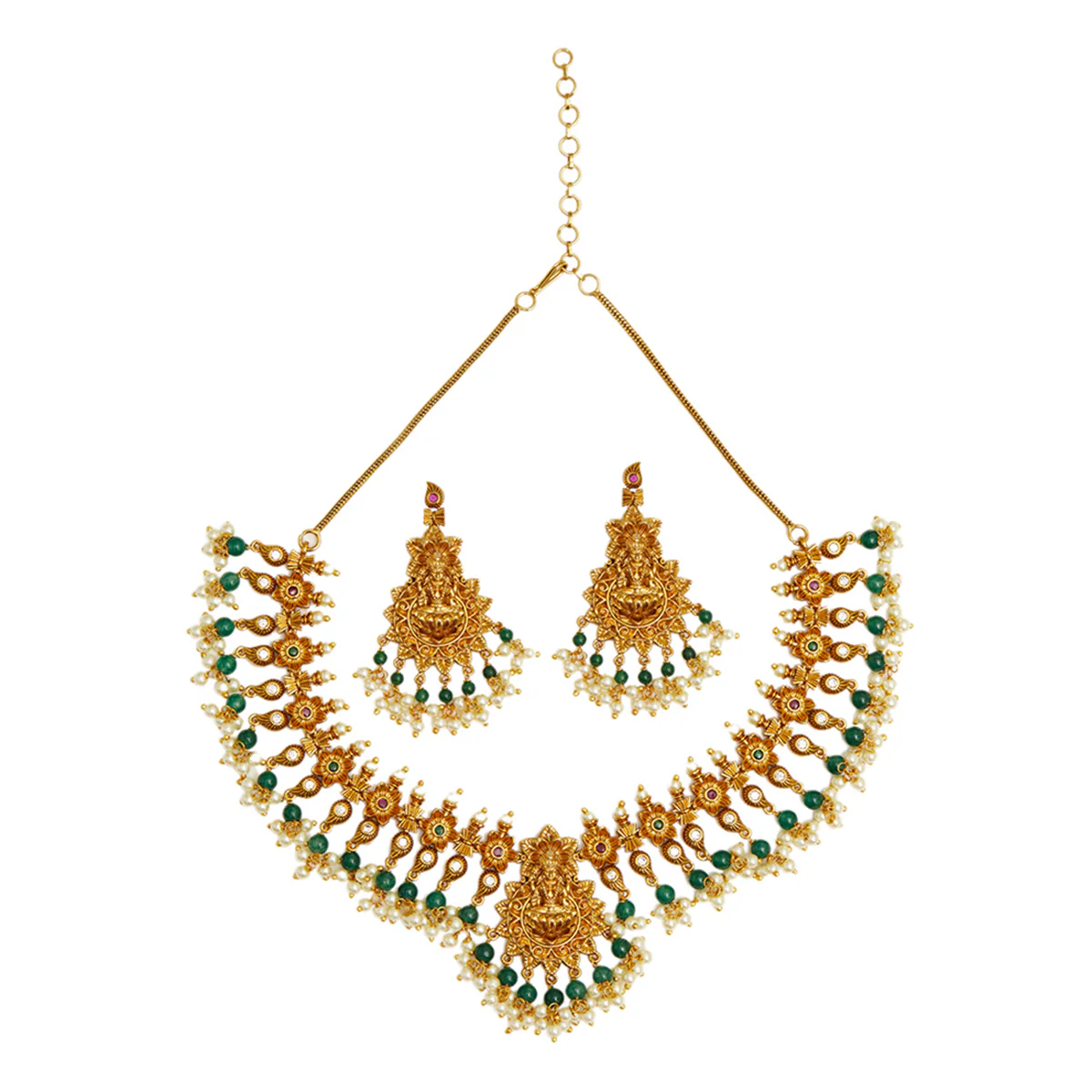 Divine Goddess Lakshmi Motifs Temple Inspired Faux Pearls and CZ Brass Gold Plated Jewellery Set - Image 3