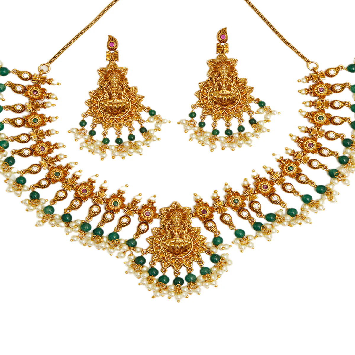 Divine Goddess Lakshmi Motifs Temple Inspired Faux Pearls and CZ Brass Gold Plated Jewellery Set - Image 4