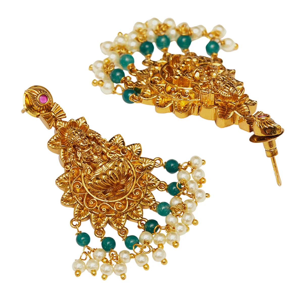 Divine Goddess Lakshmi Motifs Temple Inspired Faux Pearls and CZ Brass Gold Plated Jewellery Set - Image 5