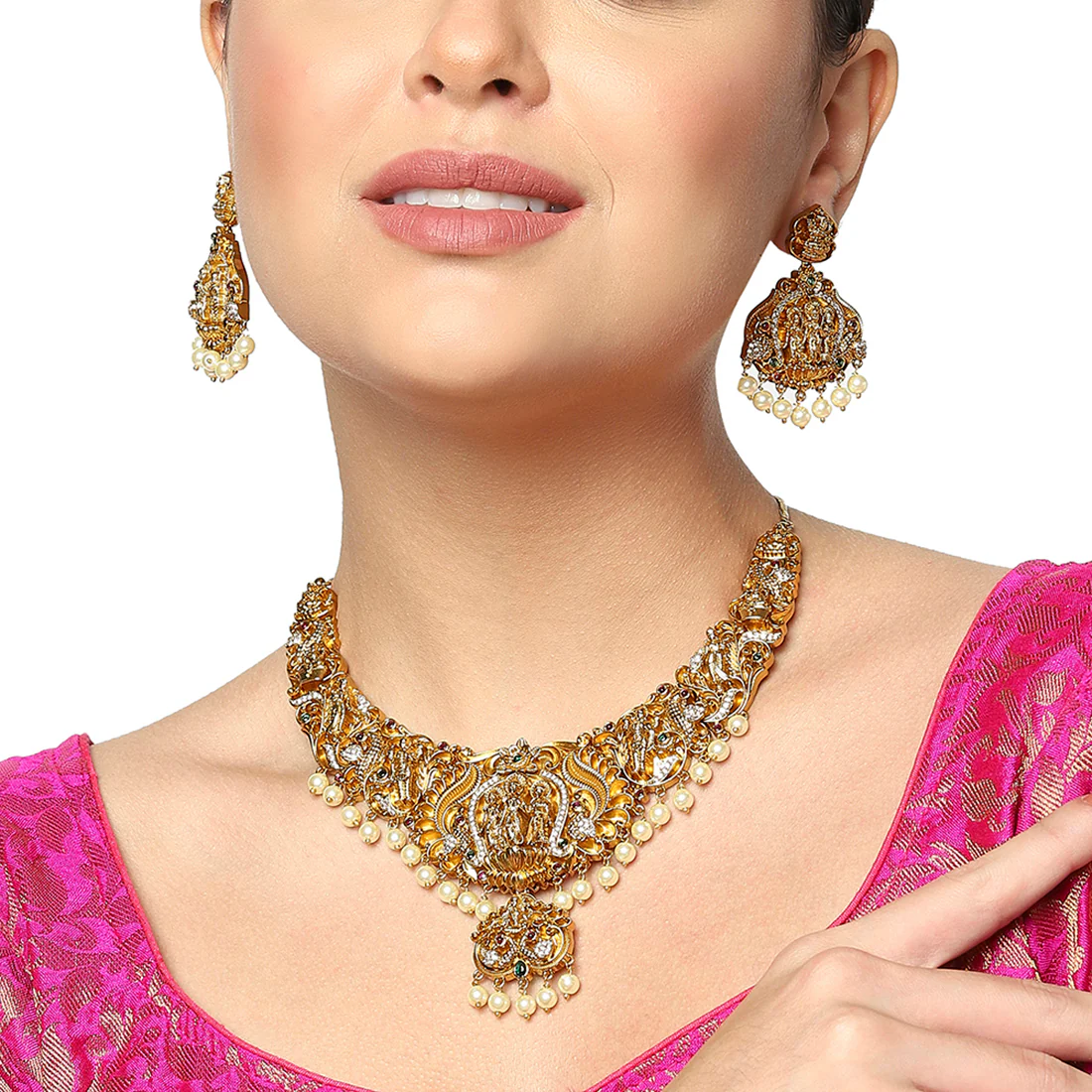 Divine Motifs Faux Pearls Adorned Brass Traditional Gold Plated Jewellery Set - Image 2