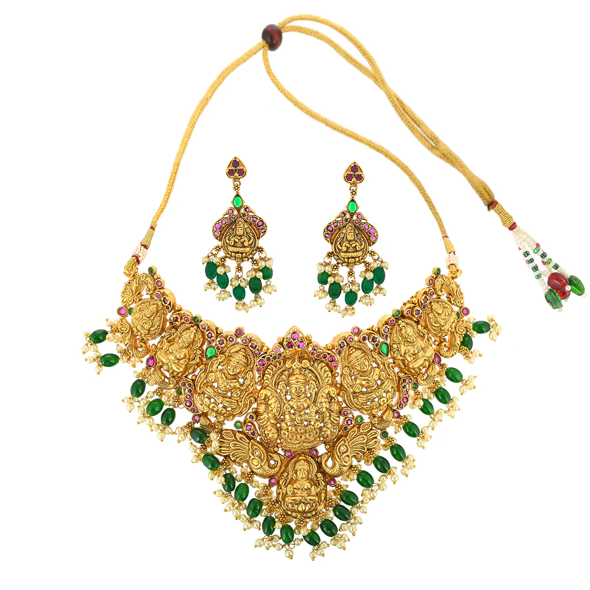 Divine Motifs Temple Design Brass Gold Toned Jewellery Set - Image 2