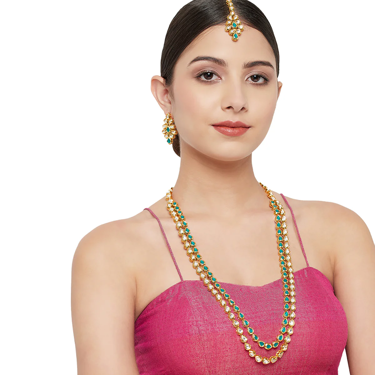 Double Layered Kundan Maang Tika Set With Green Beads - Image 2