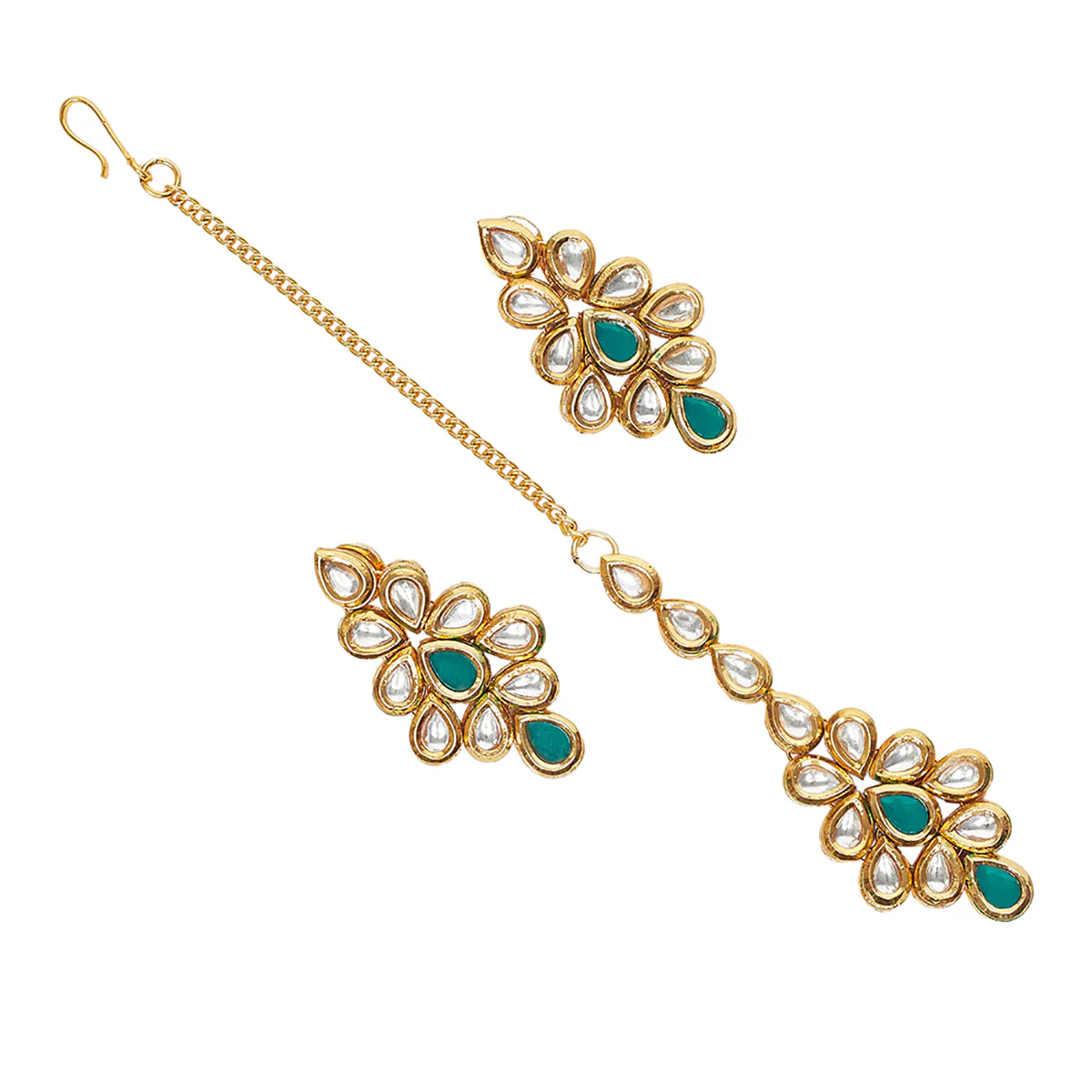Double Layered Kundan Maang Tika Set With Green Beads - Image 5