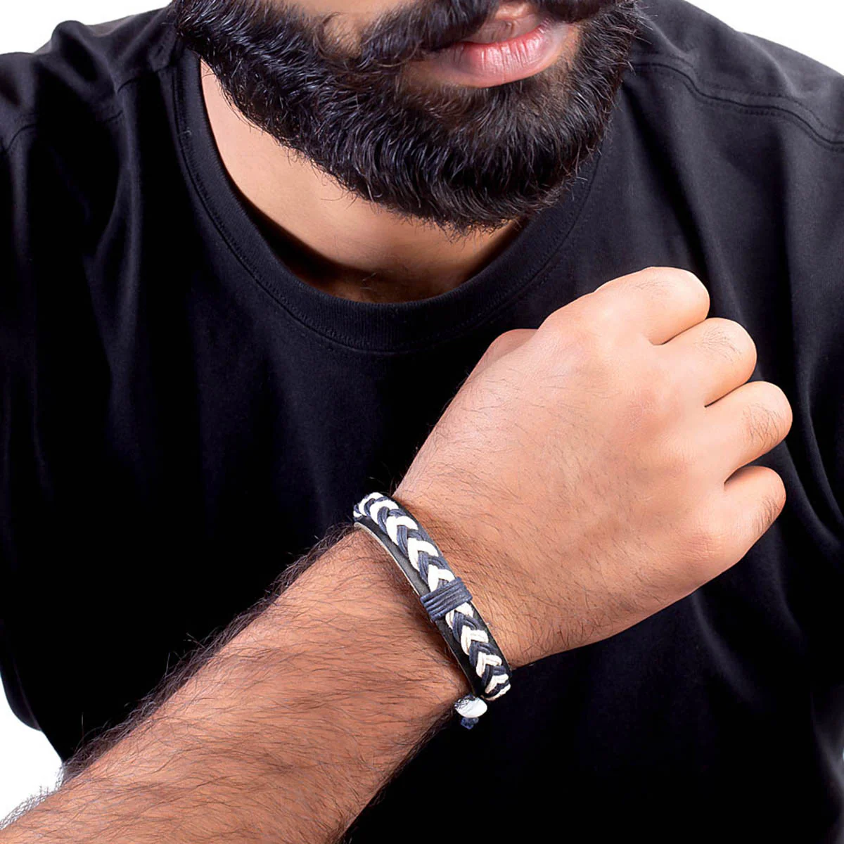 Dual Tone Band Bracelet Made Of PU Leather, Thread