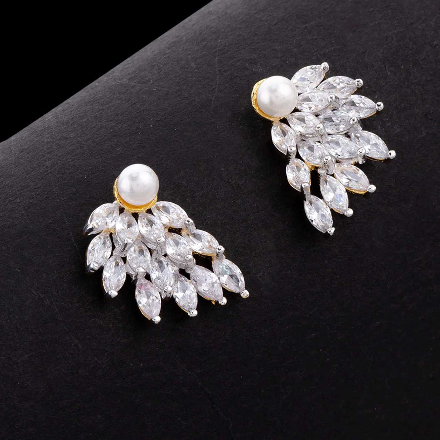 Dual Tone CZ Pearl Stud Earrings