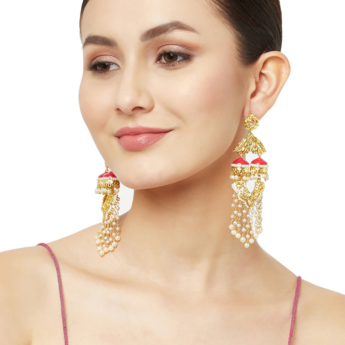 Apsara Dye Gold Earrings with Red Jhumkis and Beaded Chains - Image 2