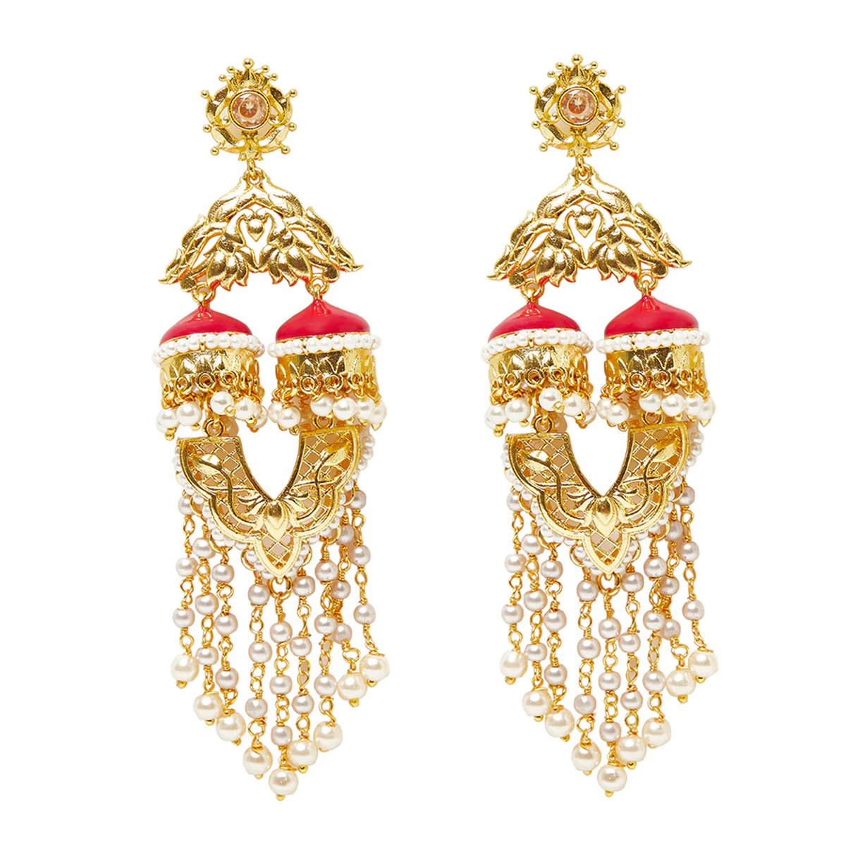 Apsara Dye Gold Earrings with Red Jhumkis and Beaded Chains - Image 3