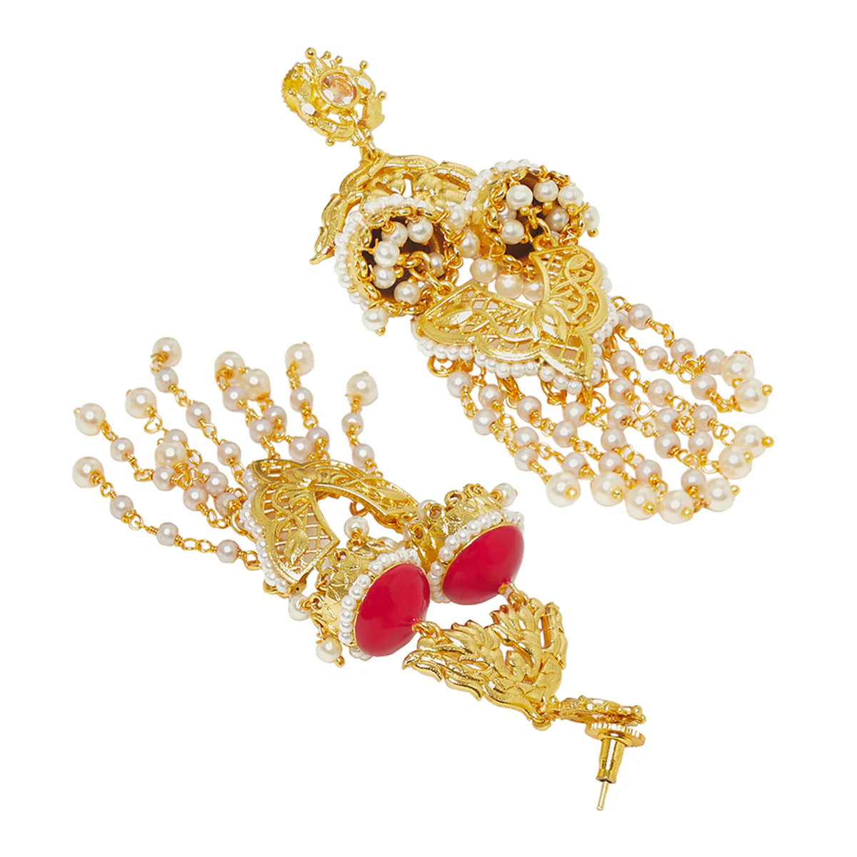 Apsara Dye Gold Earrings with Red Jhumkis and Beaded Chains - Image 4
