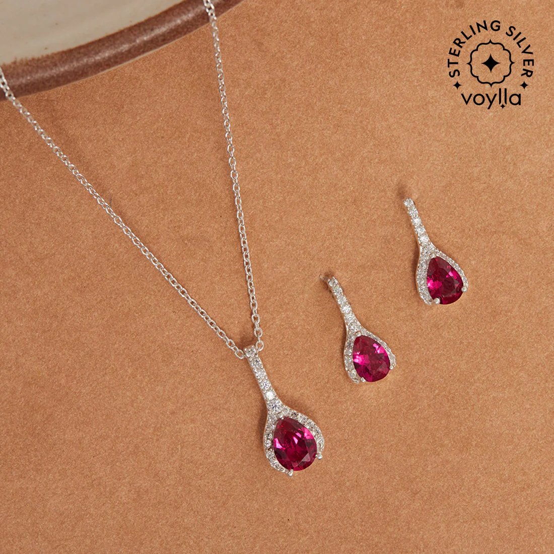 Eclectica Ruby Drop Earrings and Pendant 925 Sterling Silver Set