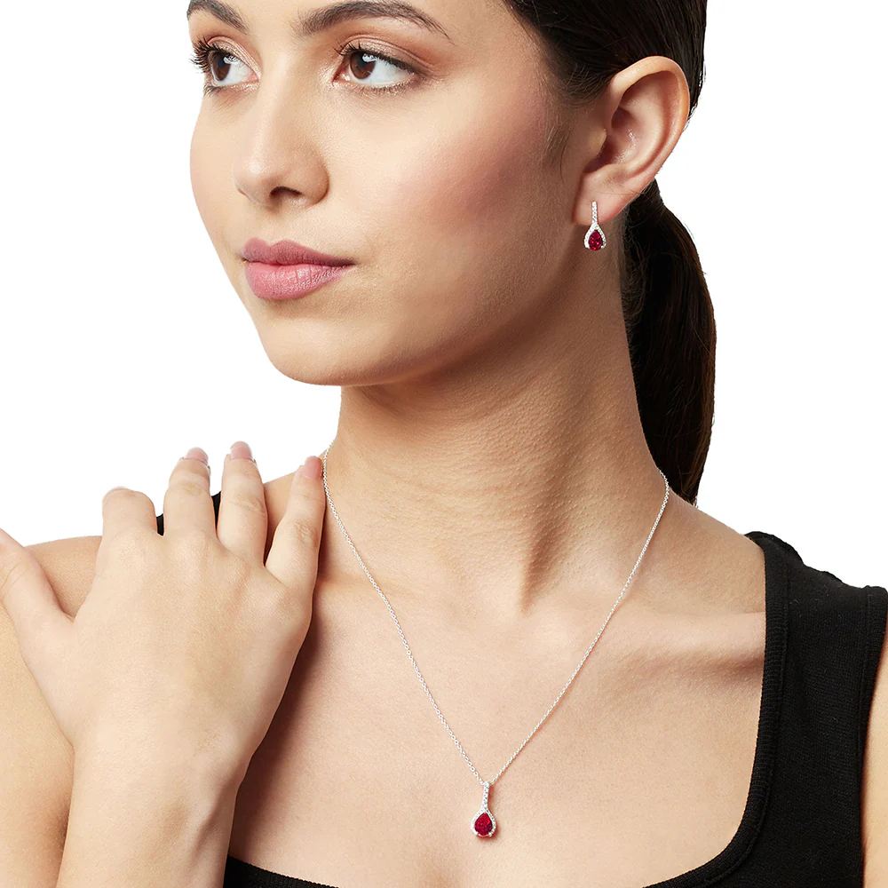 Eclectica Ruby Drop Earrings and Pendant 925 Sterling Silver Set - Image 2