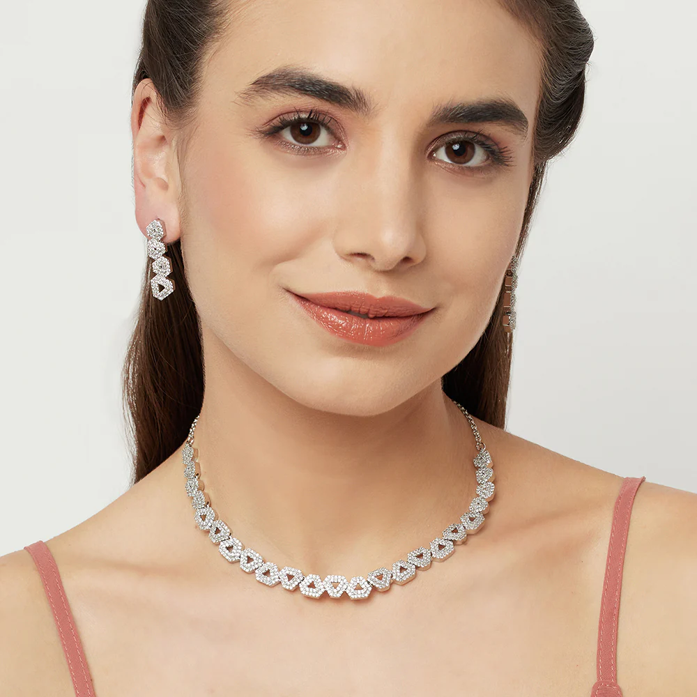 Edgy Triangles Pattern CZ Embellished Silver Jewellery Set - Image 3