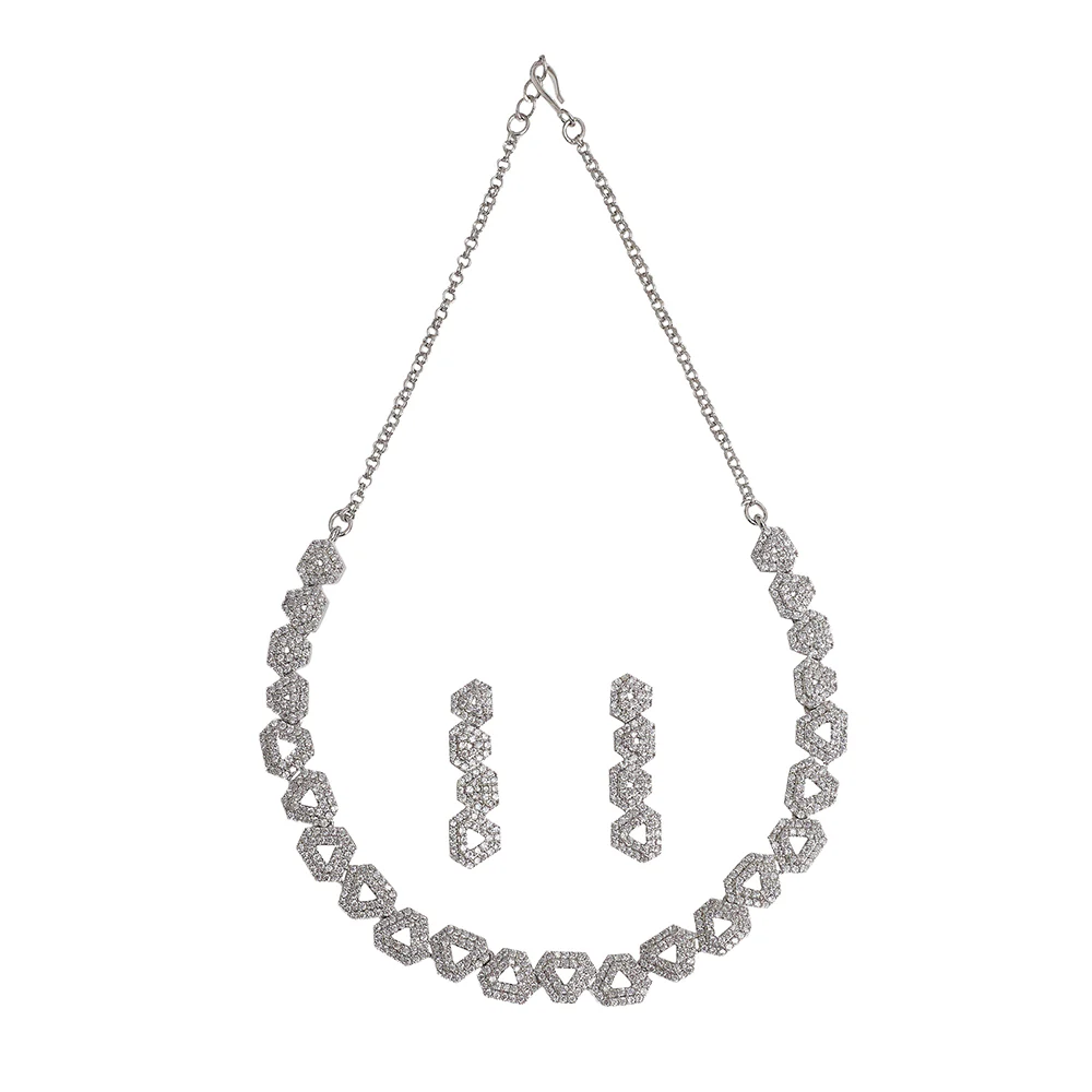 Edgy Triangles Pattern CZ Embellished Silver Jewellery Set - Image 4