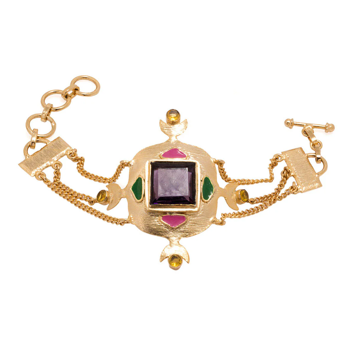 Elegant Golden Bracelet Adorned With Central Amethyst & Side Yellow Citrine Stones