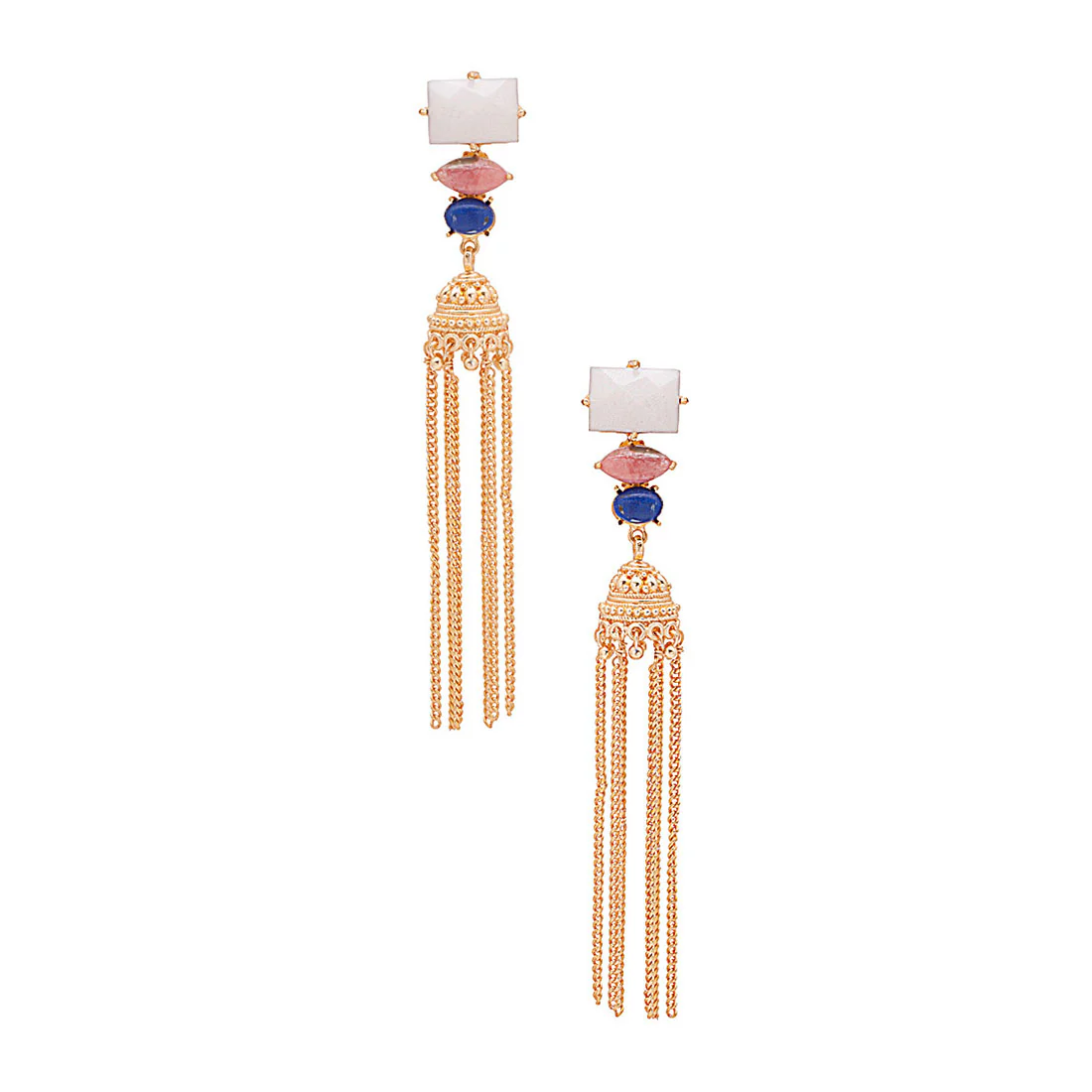 Elegant Pair of White-Pink Stones Studded Gold Tone Danglers - Image 2