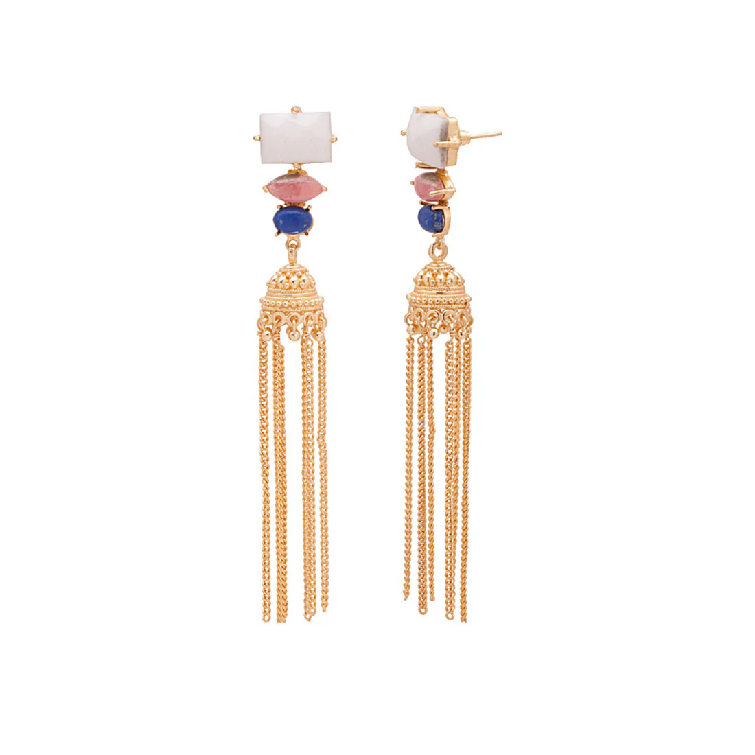 Elegant Pair of White-Pink Stones Studded Gold Tone Danglers - Image 3