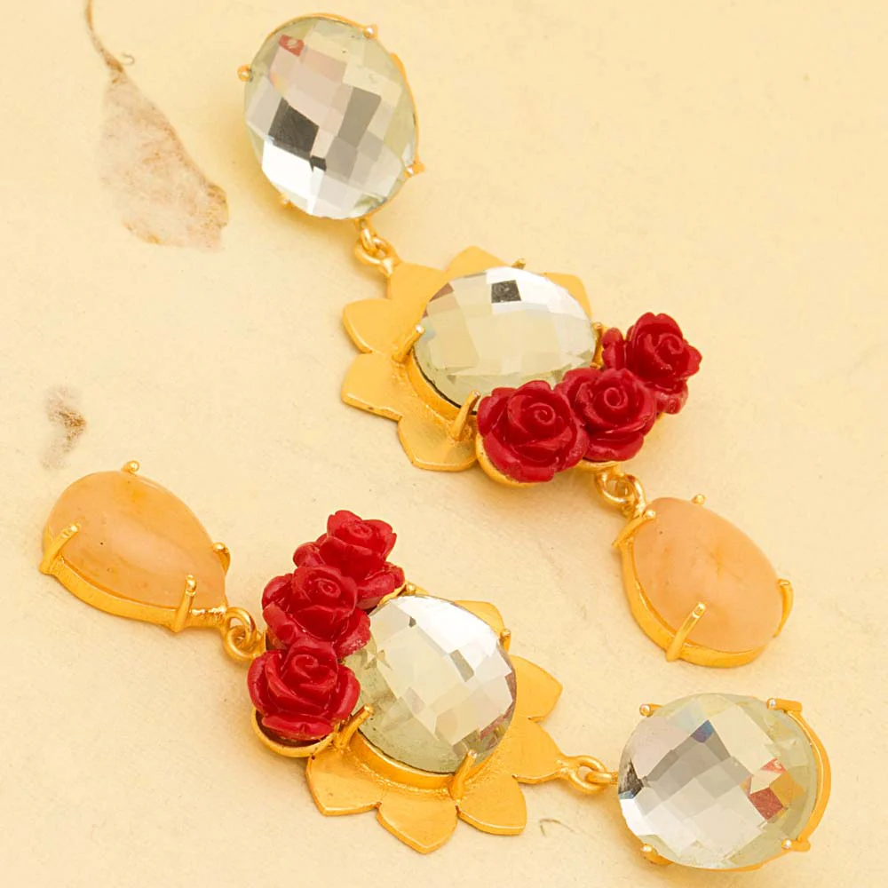 Elegant Pair of White Stones Studded Gold Tone Danglers
