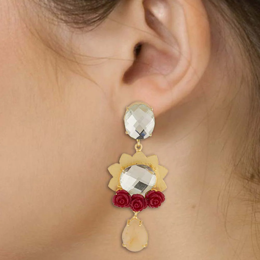 Elegant Pair of White Stones Studded Gold Tone Danglers - Image 2