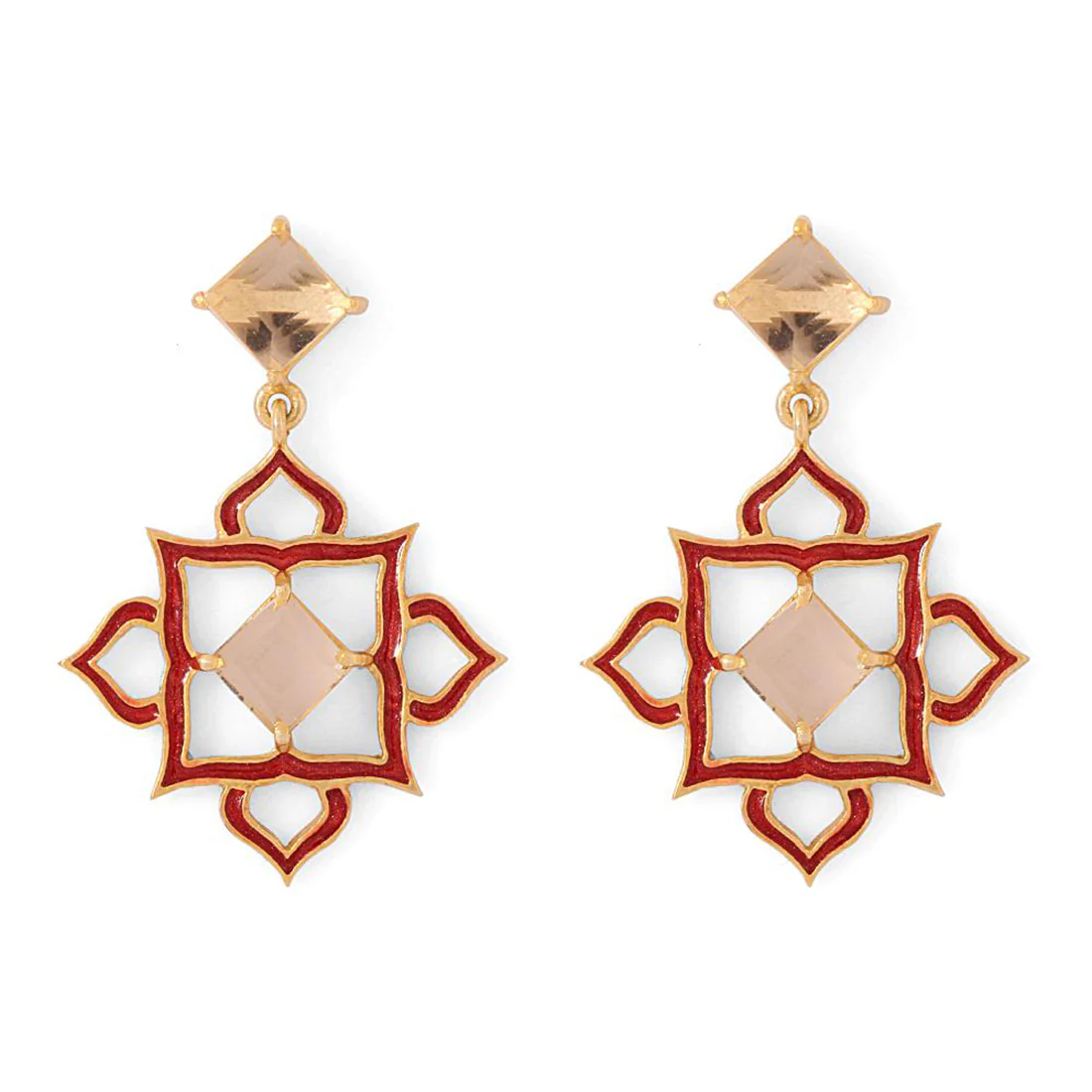 Elegant Red Enameled Golden Dangler Earrings