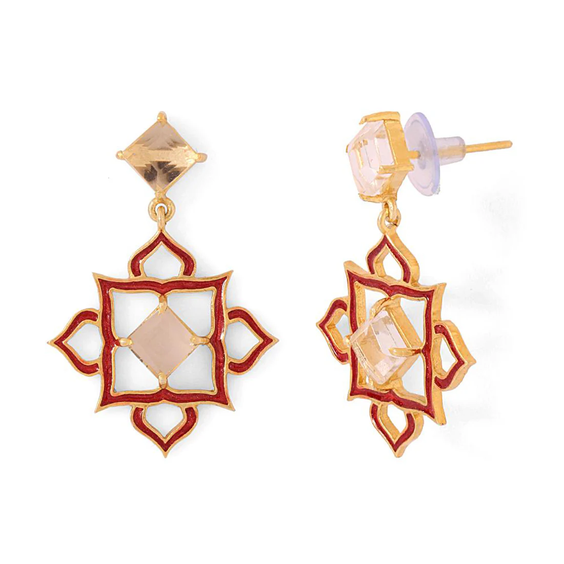 Elegant Red Enameled Golden Dangler Earrings - Image 2