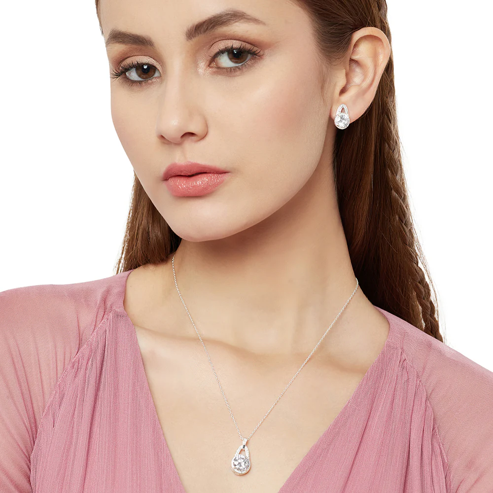Elegant Silver Tone Pendant Set Studded With CZ Luminous Stones - Image 2