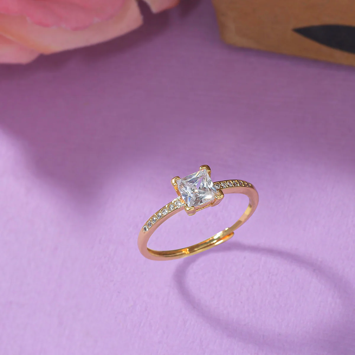 Emerald Cut Cubic Zirconia Adorned Brass Gold Plated Ring