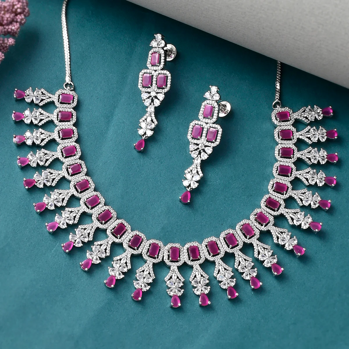 Emerald Cut CZ Adorned Brass Opulent Silver Plated Jewellery Set