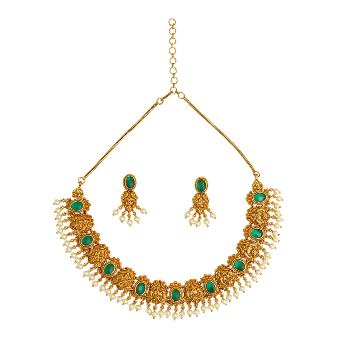 Emerald Cut CZ and Faux Pearls Brass Guluband Gold Plated Jewellery Set - Image 3