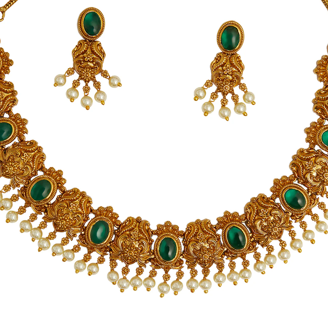 Emerald Cut CZ and Faux Pearls Brass Guluband Gold Plated Jewellery Set - Image 4