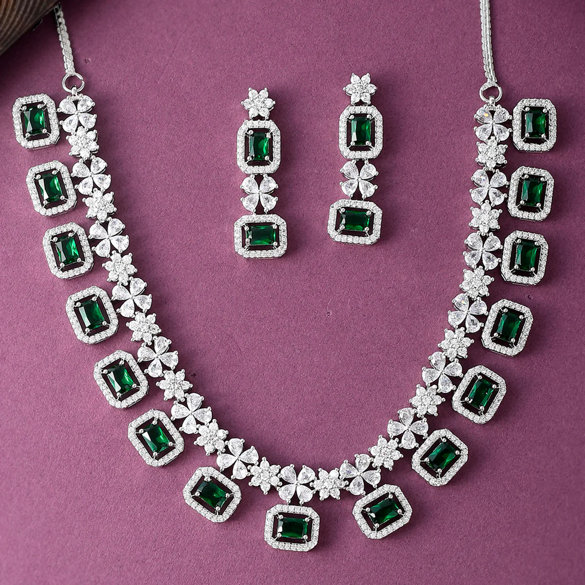 Emerald Cut Zircons Adorned Brass Silver Plated Cocktail Jewellery Set