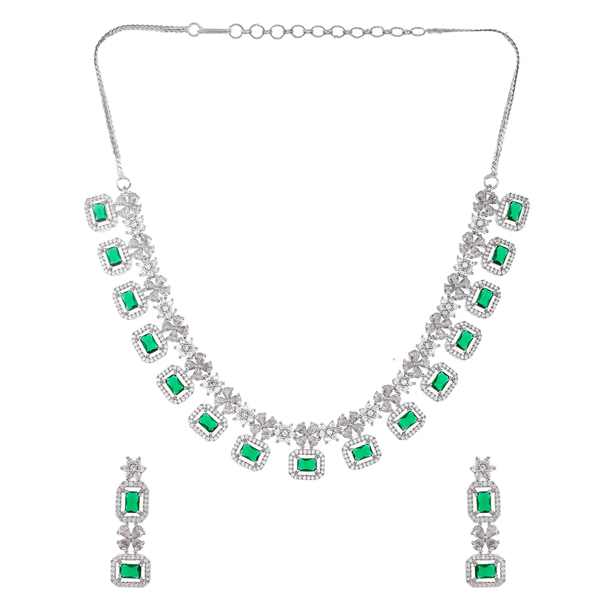 Emerald Cut Zircons Adorned Brass Silver Plated Cocktail Jewellery Set - Image 3