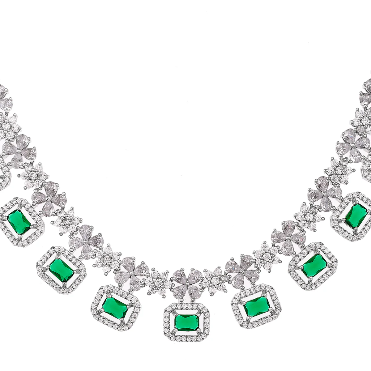 Emerald Cut Zircons Adorned Brass Silver Plated Cocktail Jewellery Set - Image 4