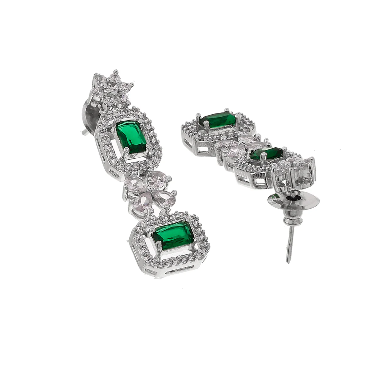 Emerald Cut Zircons Adorned Brass Silver Plated Cocktail Jewellery Set - Image 5