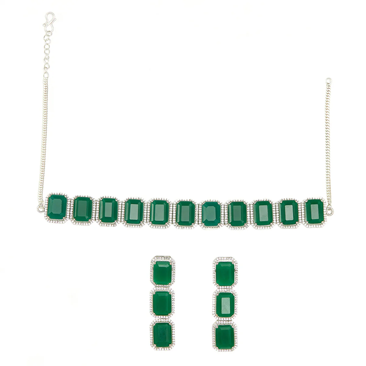 Emerald Cut Zircons Adorned White Toned Choker Jewellery Set - Image 3