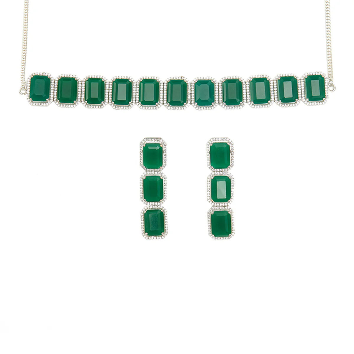 Emerald Cut Zircons Adorned White Toned Choker Jewellery Set - Image 4