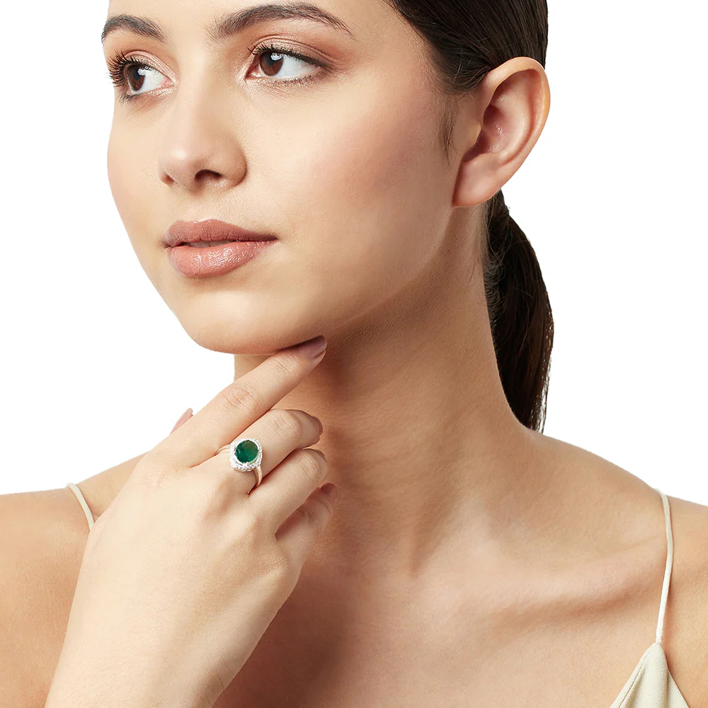 Emerald CZ Halo Ring in 925 Sterling Silver Adjustable Band - Image 2