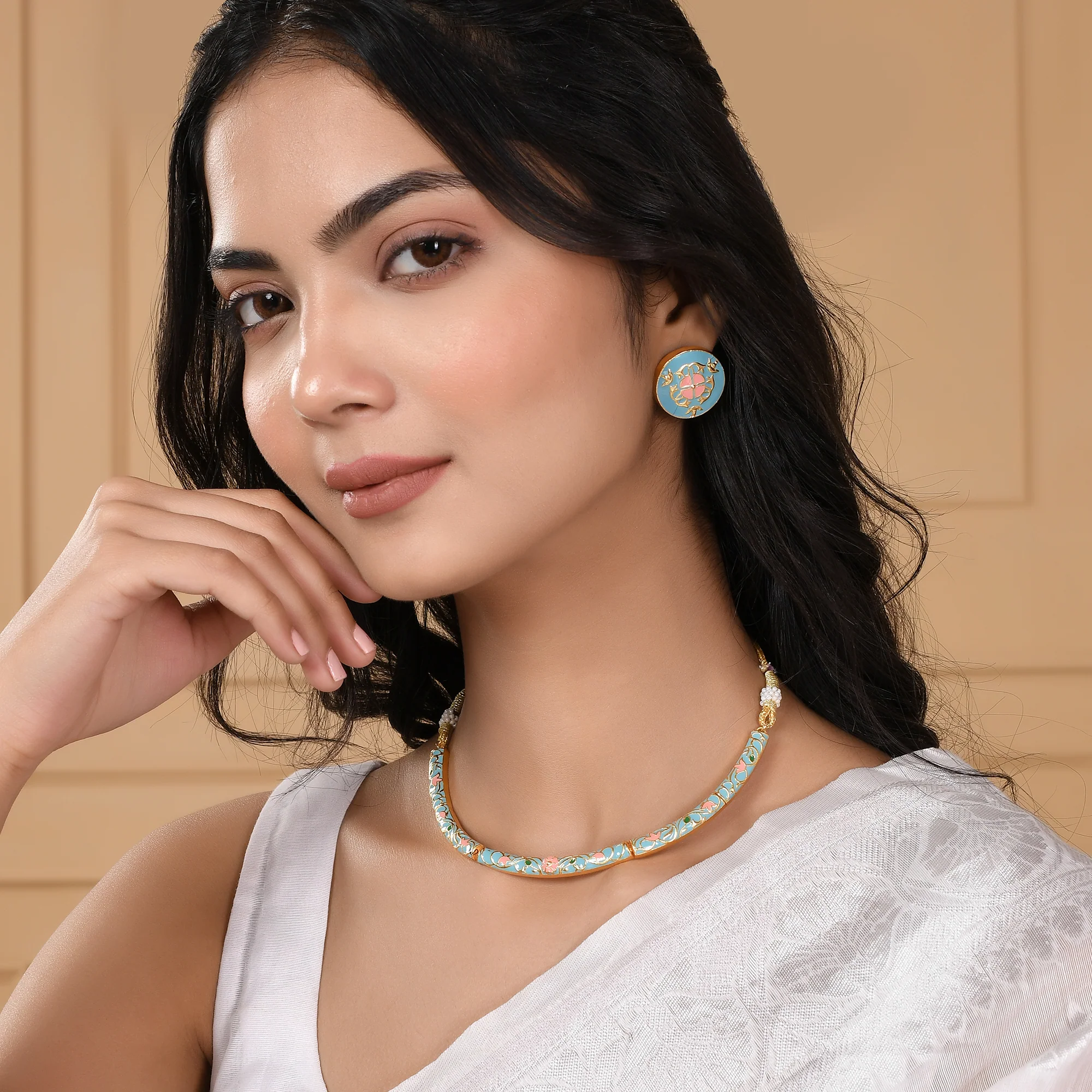 Enameled Elegance Blue And Pink Enamel Jewellery Set - Image 2