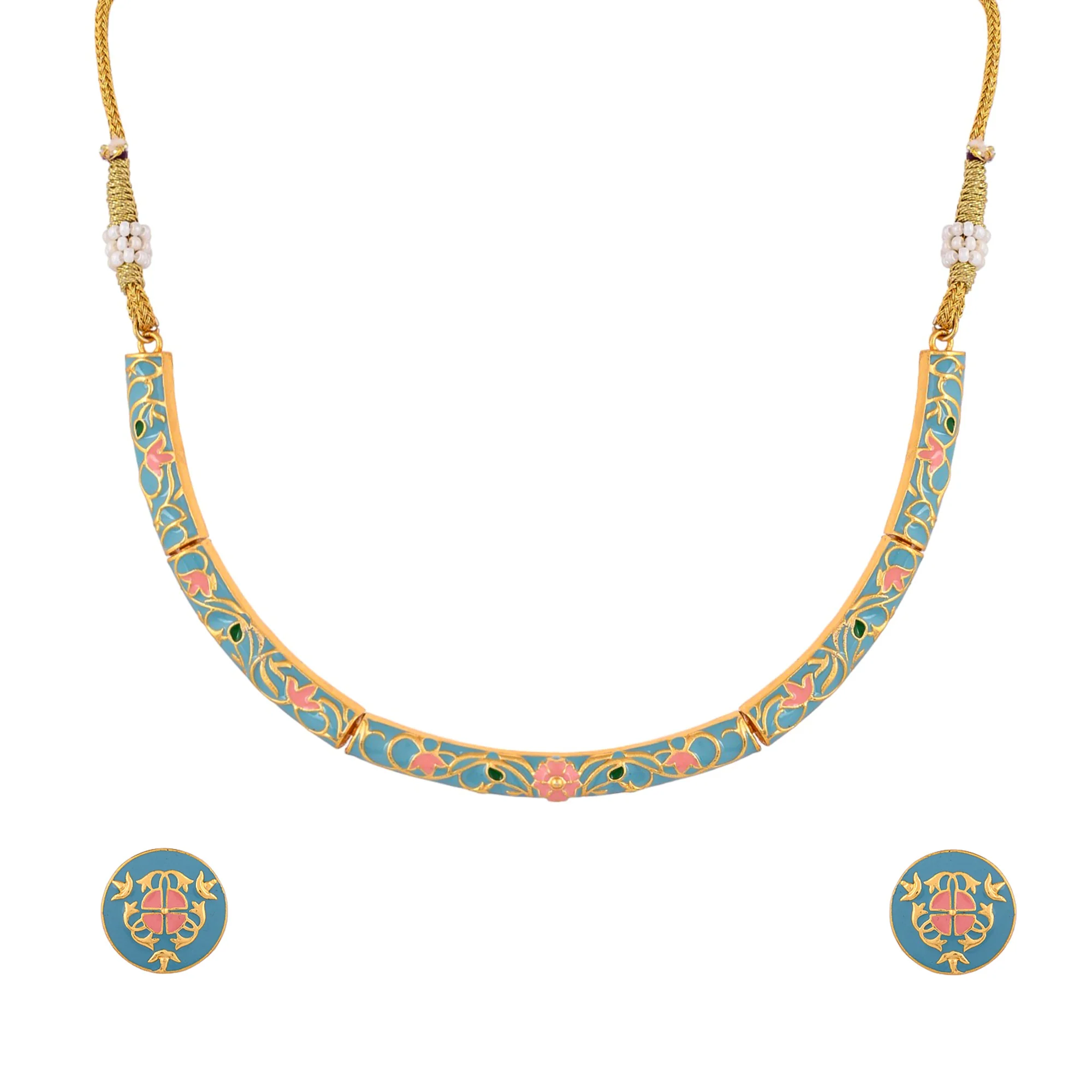 Enameled Elegance Blue And Pink Enamel Jewellery Set - Image 3