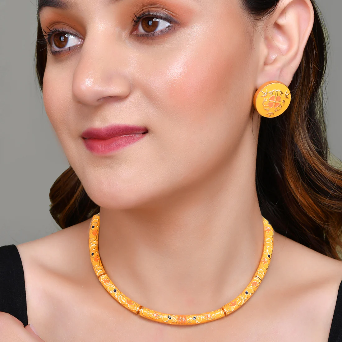 Enameled Elegance Orange Floral Gold-Plated Necklace Set - Image 2