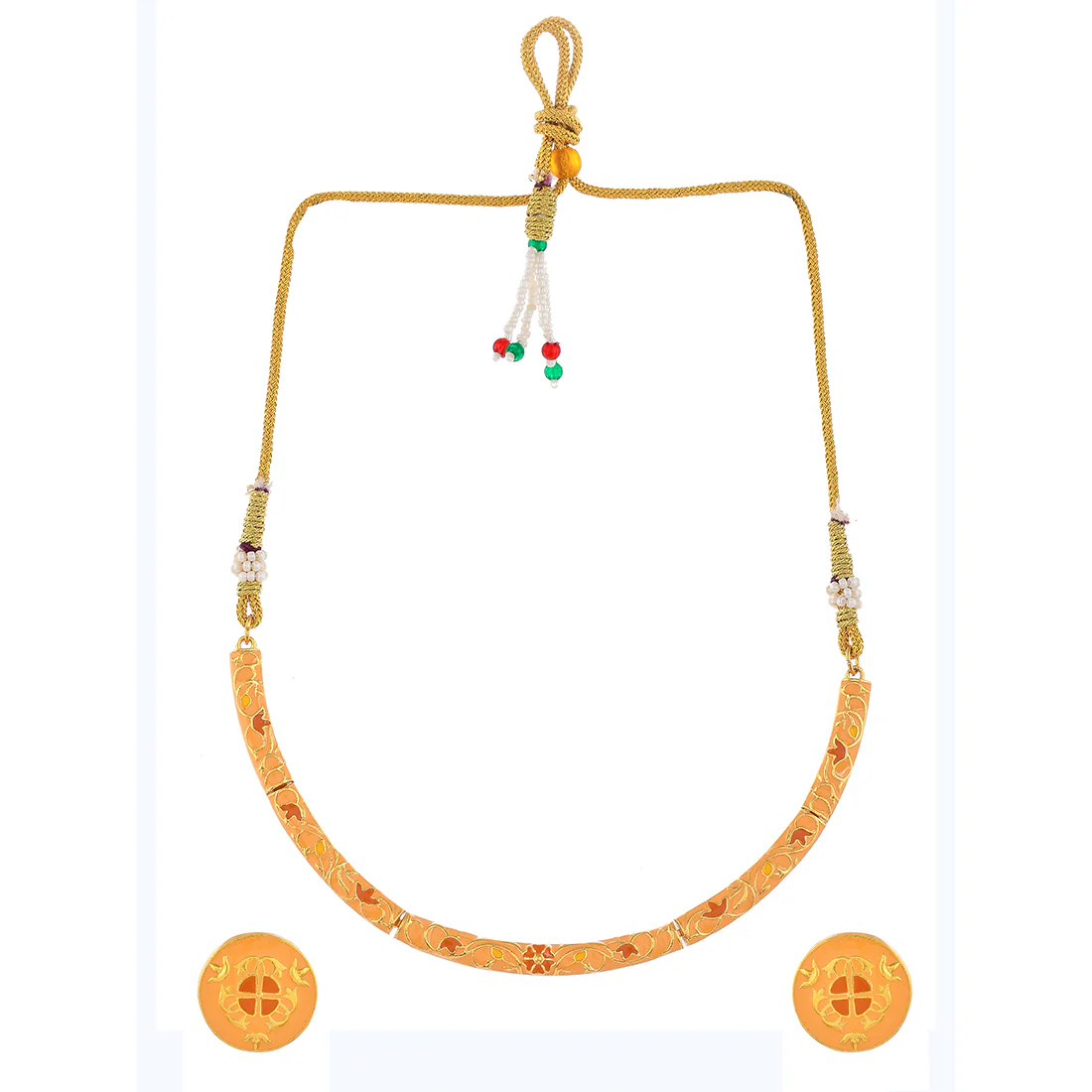 Enameled Elegance Orange Floral Gold-Plated Necklace Set - Image 3