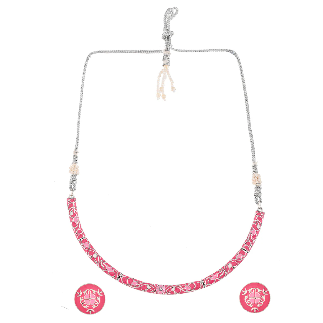 Enameled Elegance Pink Silver Oxidized Necklace Set - Image 3