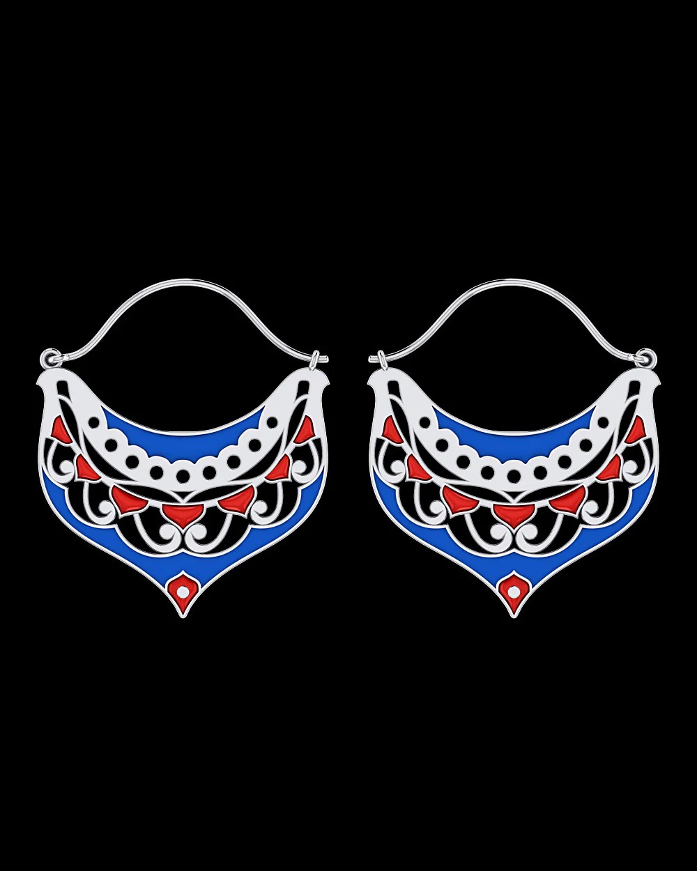 Enameled Silver Tone Hoop Earrings
