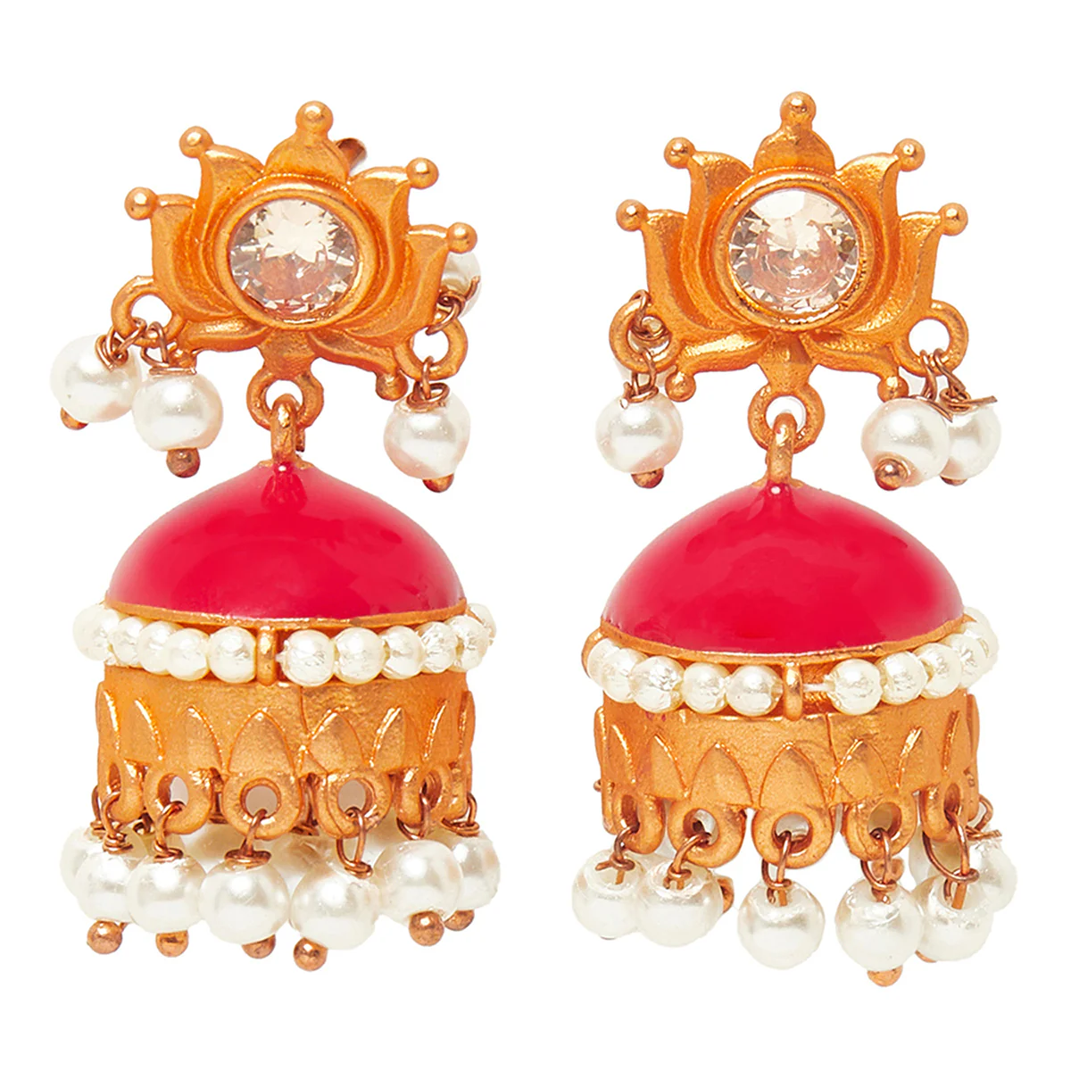 Ethnic Dye Gold Plated Fauz Pearls Jhumka Earrings - Image 3