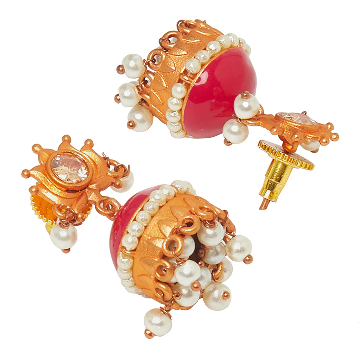 Ethnic Dye Gold Plated Fauz Pearls Jhumka Earrings - Image 4