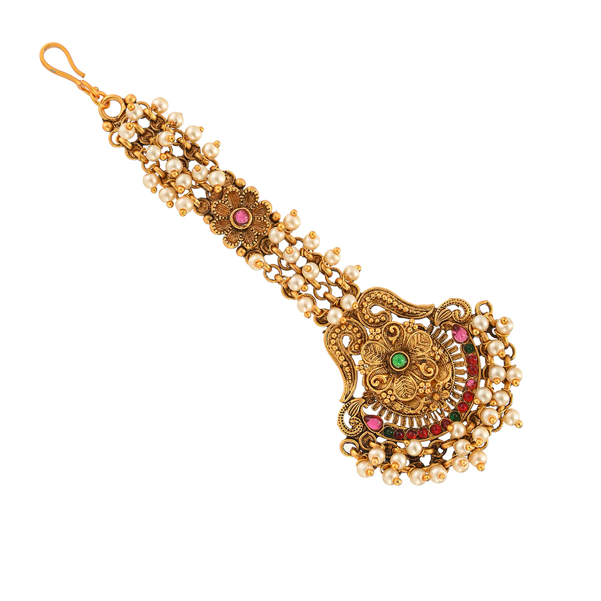 Ethnic Faux Pearls Adorned Brass Gold Toned Maang Tika - Image 2