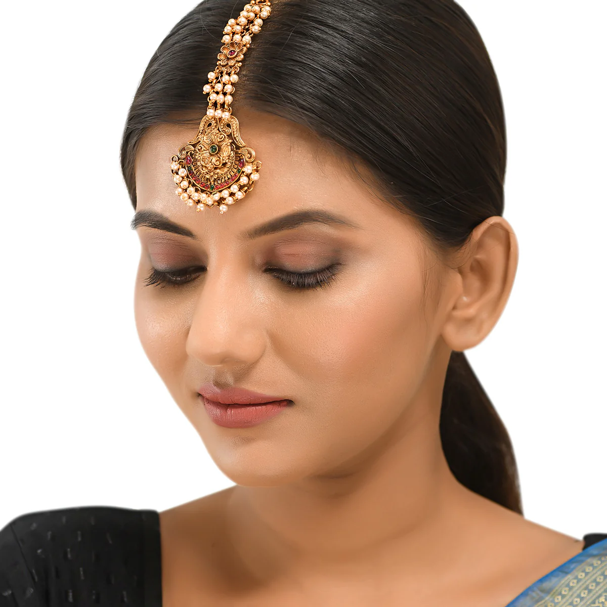 Ethnic Faux Pearls Adorned Brass Gold Toned Maang Tika - Image 5
