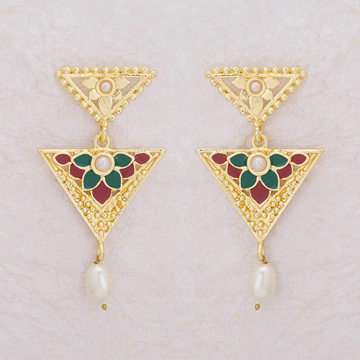 Ethnic Gold Plated Triangle Dangler Earrings