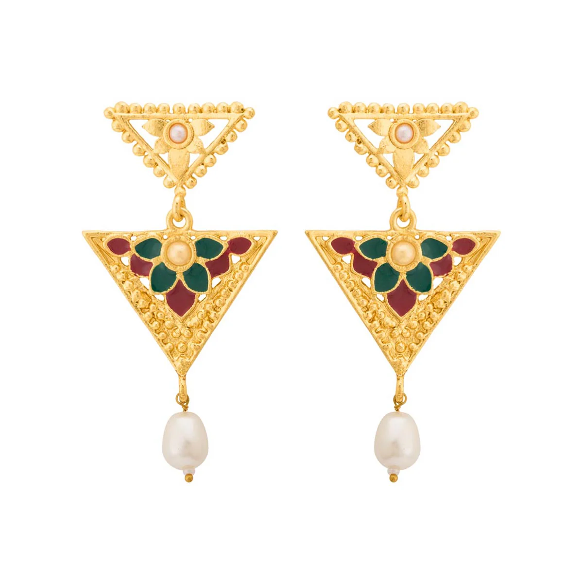 Ethnic Gold Plated Triangle Dangler Earrings - Image 2